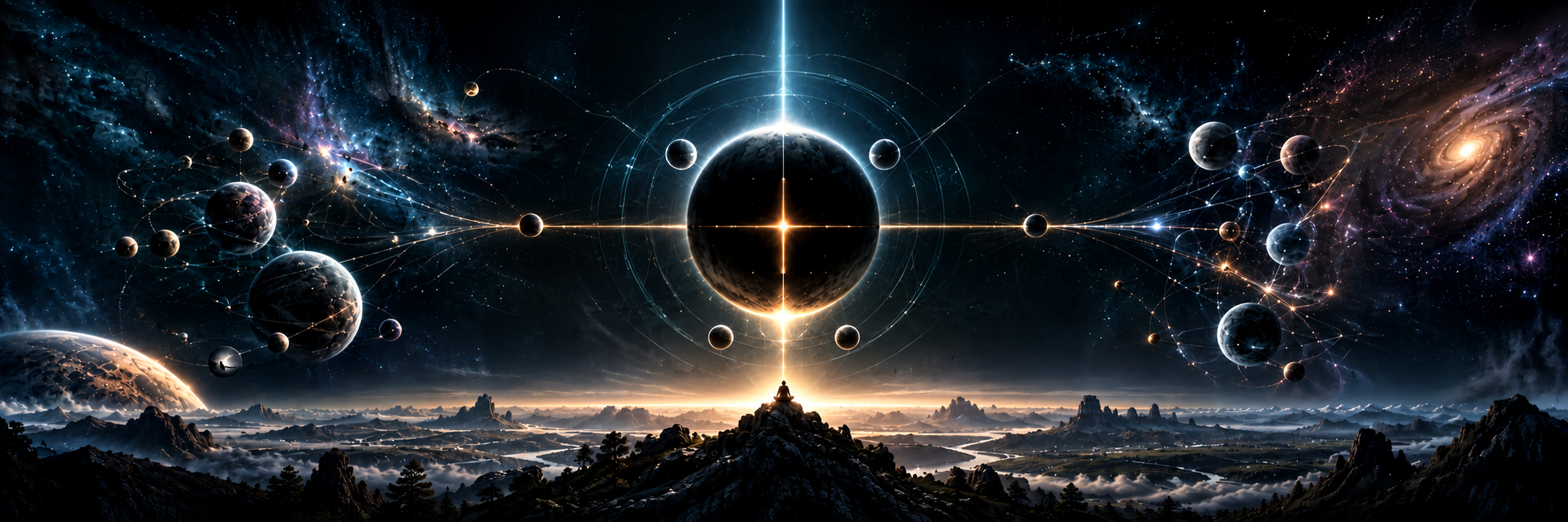 A connected cosmic landscape centered on a glowing planet and horizon